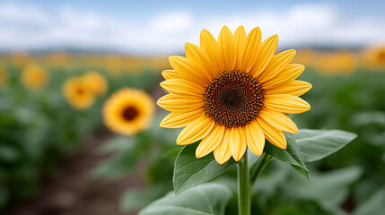 Fototapeta premium Expansive summer sunflower field with vibrant yellow blooms in agricultural landscape