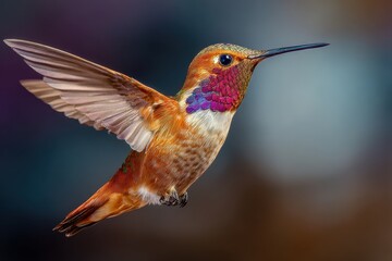 Obraz premium Stunning hummingbird in flight showcasing vibrant feathers and delicate wings against a soft blurred background at twilight