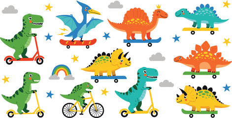 Cute cartoon dinosaurs riding scooters, bicycles, and skateboards vector set with playful prehistoric animals in colorful flat illustration style © Sanjida