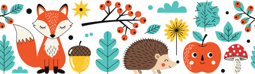 Cute woodland animals and autumn elements vector illustration with fox, hedgehog, apple, acorn, leaves, berries, and mushrooms in flat style © Sanjida