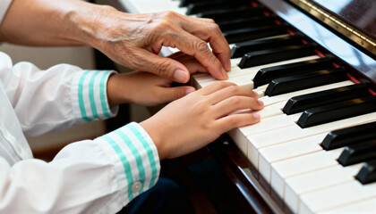 Fototapeta premium An older person teaches a child to play the piano. Close-up of a senior's hands guiding a student's hands on the keyboard. Music education and intergenerational bonding concept