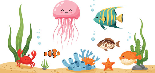 Cute underwater sea animals vector illustration with jellyfish, fish, crab, starfish, coral, and plants in colorful cartoon flat style © Sanjida