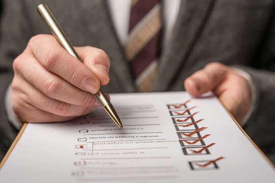 Meticulous businessman reviewing checklist with pen in hand during a professional setting in an office