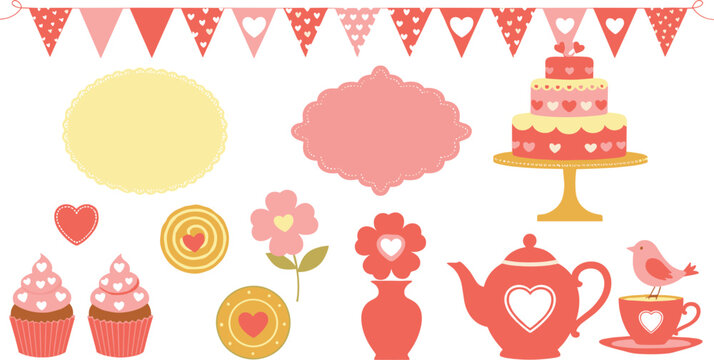 Cute romantic tea party vector set with heart decorations, cake, cupcakes, teapot, flowers, labels, and bunting flags in pastel flat style