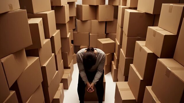 Despair in Boxes Sad Man Sits Surrounded by Shipping Boxes Overwhelmed Anxious Depression Emotional Crisis