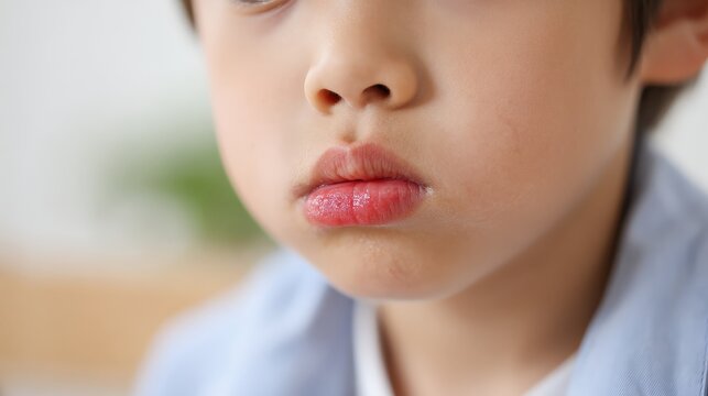 A close-up of a child's face, focusing on their lips, which appear slightly chapped and have a hint of color, conveying a sense of innocence and curiosity.