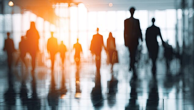 Silhouetted figures of professionals walking towards light in a modern, open-plan space
