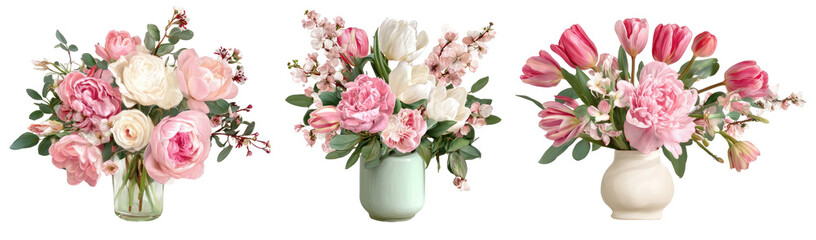 Fototapeta premium Three floral arrangements in vases pink and white blooms, delicate greenery, and varied vessel shapes