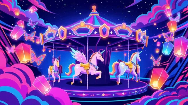 Whimsical carousel ride with glowing unicorns, floating lanterns, and dreamy clouds under a magical starry night sky.
