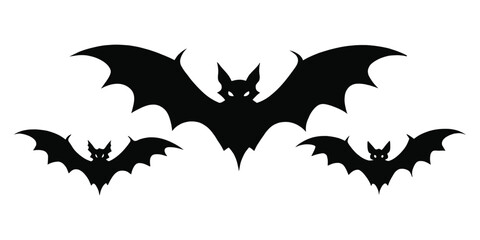 Fototapeta premium A formation of five black silhouette bats in flight against a transparent background, creating a spooky atmosphere for Halloween.