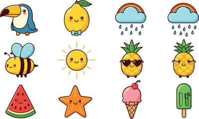 Fototapeta premium Cute Summer Icon Vector Set with Tropical Fruits, Sun, Rainbow Cloud, Ice Cream, Starfish, Bee, and Toucan for Kids Design and Playful Graphics