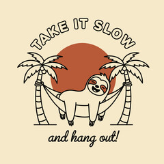 Obraz premium Cute Sloth Relaxing in Hammock Between Palm Trees with Sunset.