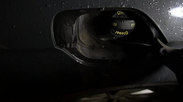 Close up shot of hand of person interacting with fuel tank door of dark gray car. Fuel door opens and closes, revealing yellow diesel cap. Vehicle exterior surface is wet with water drops