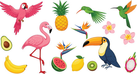 Fototapeta premium Tropical Birds and Fruits Vector Illustration Set with Parrot, Flamingo, Toucan, Pineapple, Banana, Watermelon, and Exotic Floral Elements