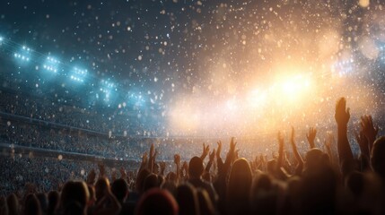 Crowd with raised hands in a stadium under bright spotlights and falling confetti. Concert or sporting event with excited people.