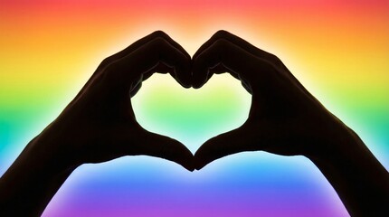 Fototapeta premium Hands forming heart shape with rainbow background