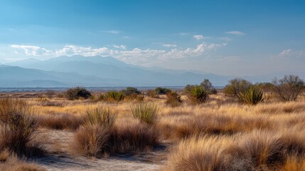 Fototapeta premium Dry desert landscape with sparse vegetation under blue sky and mountains. Natural habitat for arid regions and environmental conservation.