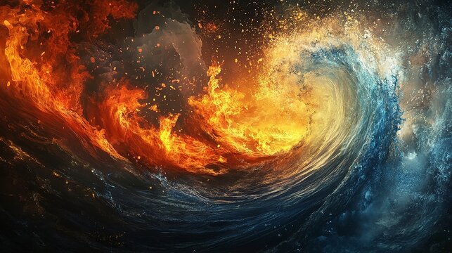 Fire and water clash in a dramatic display of nature's forces at sunset over the ocean