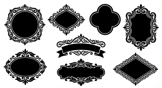 Collection of elegant vintage frames and decorative banners with intricate scrollwork in a black silhouette ideal for classic design elements