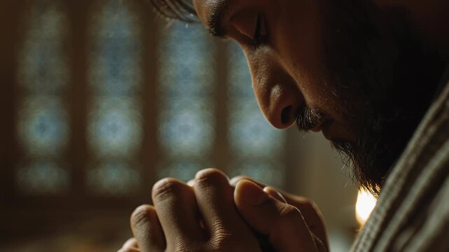 Close-up of a Man Praying with Hands Together in Deep Spiritual Reflection and Devotion, Soft Lighting, Focused Intimate Religious Moment