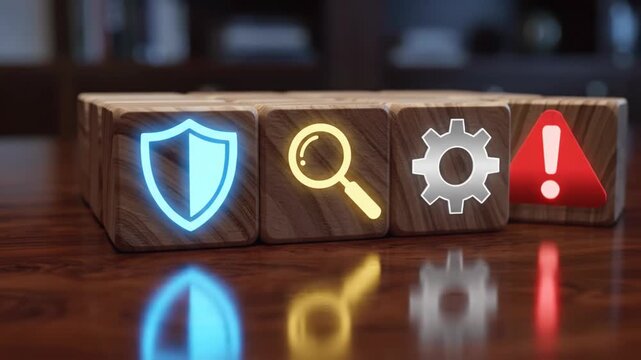 Wooden blocks with glowing shield, magnifying glass, and gear icons on a table