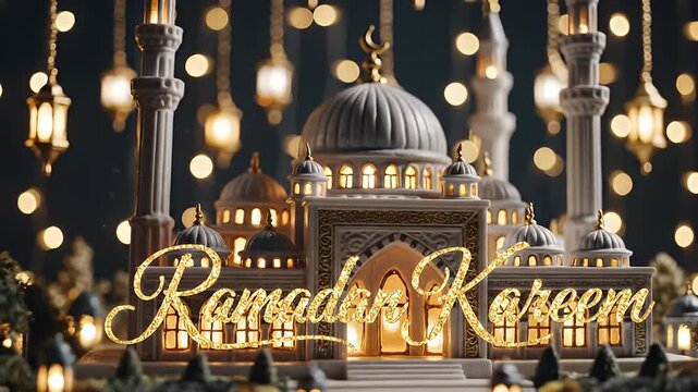Illuminated Miniature Mosque Model with Warm Lighting and Blurred Background for Cultural and Religious Content