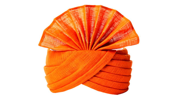 Traditional Orange Turban Isolated on transparent Background with Folded Pleats.