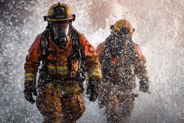 Firefighters courageously combat blaze with powerful water jets during intense firefighting operation in urban area