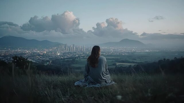 A pensive woman looking towards a cityscape, contemplating the vista