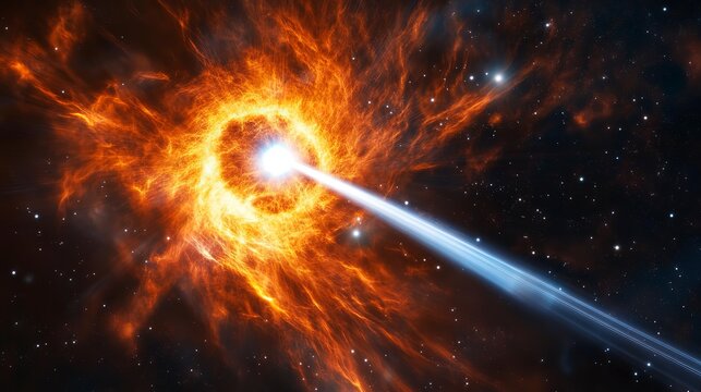 Bright explosion of gas and energy in space with swirling colors and a beam of light shining outwards at the center