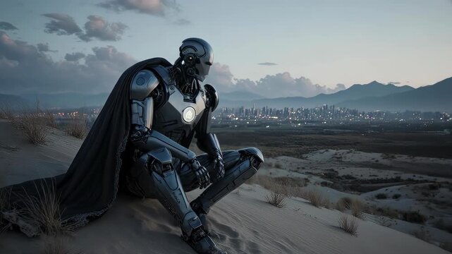 A futuristic robot contemplates the horizon on a sandy terrain during sunset 