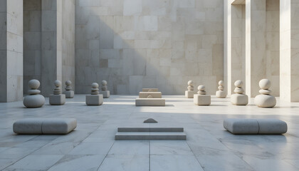 Serene stone sculptures in modern minimalist interior with natural light