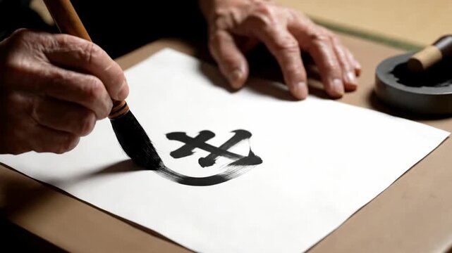 Elderly person practicing traditional Chinese calligraphy with brush.