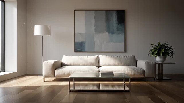 Living room interior with sofa floor lamp and artwork