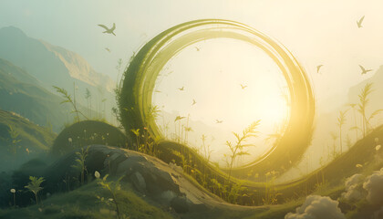 Golden sunrise over serene mountain landscape with circular natural arch