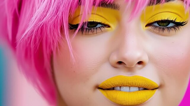 A close up of a woman with bright pink hair and yellow lipstick