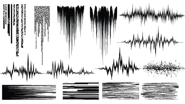 Collection of various waveform patterns and textures on white background for graphic design