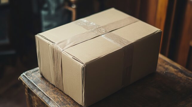 Package sits on a wooden table in a home setting during daylight hours waiting for someone to pick it up