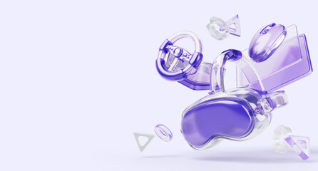 3d glass holographic VR glasses, race steering wheel, computer mouse in transparent purple design flying on pastel render background. Video game web banner with gamer gadgets, buttons. 3D illustration © marozhkastudio