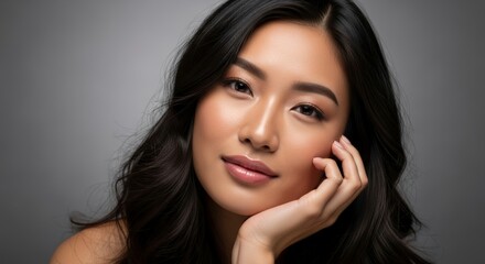 Studio close-up portrait of a beautiful young Asian woman with dark hair.