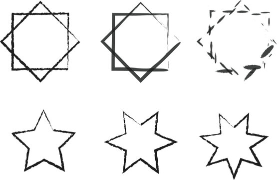 WebHand Drawn Geometric Shapes Set With Sketchy Charcoal Texture Stars And Squares