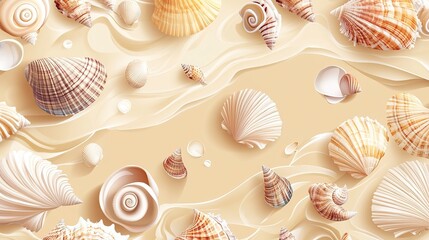 Shells are scattered on a light sandy surface with soft curves and gentle details showing textures and shapes at various angles