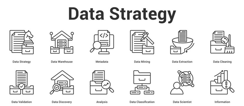 Data Strategy icon set collection vector illustration concept for business with icon of Data Strategy, Data Warehouse, Metadata, Data Mining, Data Extraction, Data Cleaning, Data Validation.