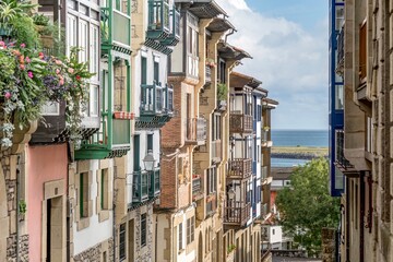 Traditional Basque Houses With Colorful Balconies In Hondarribia, Spain, Old Architecture, Narrow Street