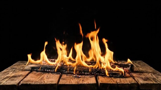 Dynamic flames dance and flicker intensely on burning logs, casting a warm, vibrant glow against a deep black background. The rustic wooden surface beneath provides a textural contrast to the fiery sp