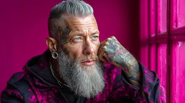 A man with a long white beard and tattoos on his arm