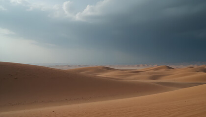 Vast desert landscape with sand dunes and dramatic stormy sky