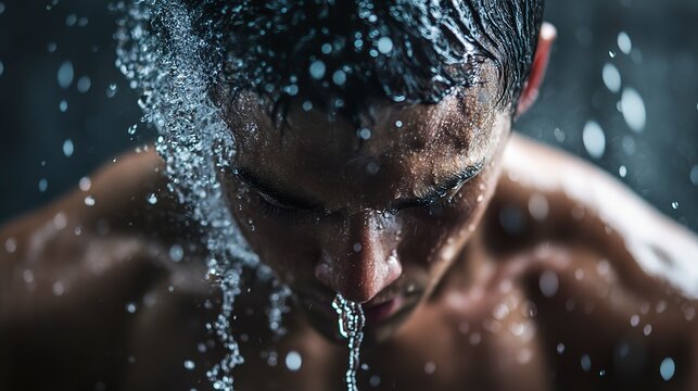 Man stands under water stream, droplets falling, focusing on face and expressions during a moment of reflection after exercise