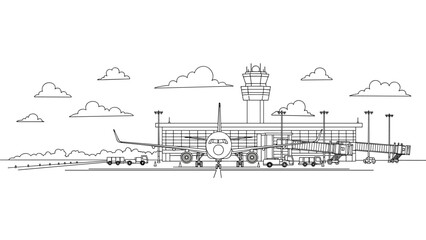 Linear illustration of airport terminal with airplane and control tower