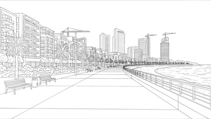 Modern urban waterfront promenade with skyscrapers and palms in linear style